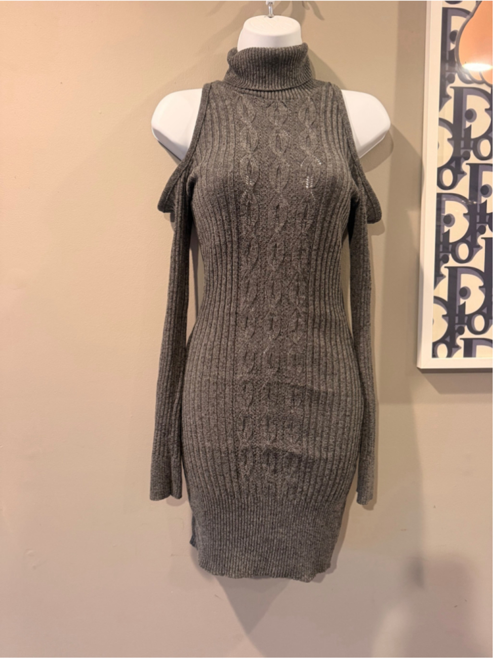 Cherry Knit Women’s Medium Gray Cold Shoulder Turtleneck Sweater Dress - Picture 2 of 7